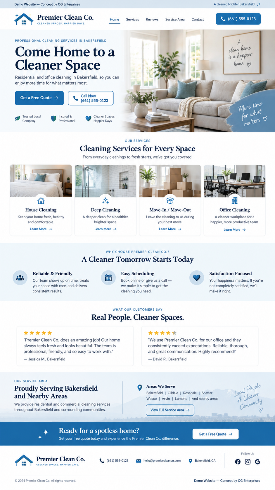 Cleaning-company website concept showing a service-business homepage; design demonstration, not client work