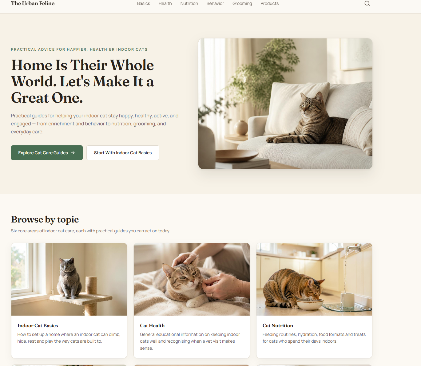 The Urban Feline homepage with indoor cat care guides